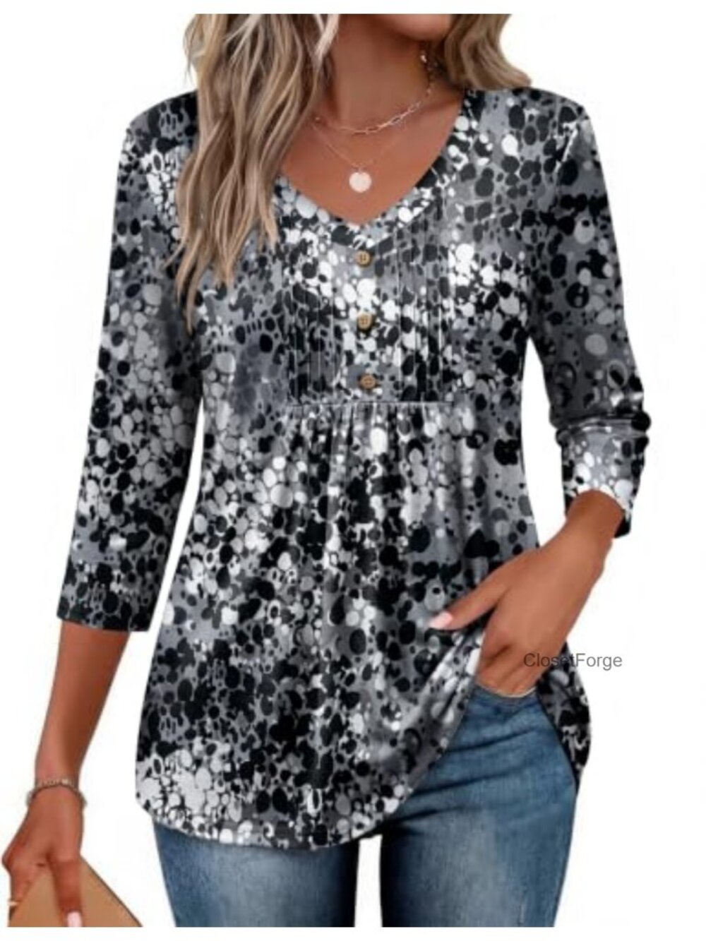 3/4 Sleeve V-Neck Blouse Women Casual Pleated Tunic Tops